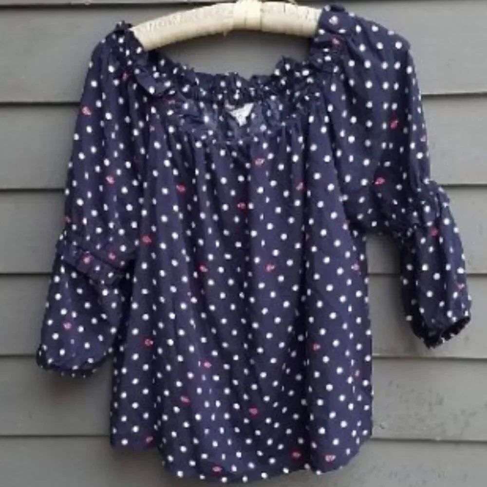 Crown & Ivy Navy/White Ladybug Polka Dot Off the Shoulder blouse Large